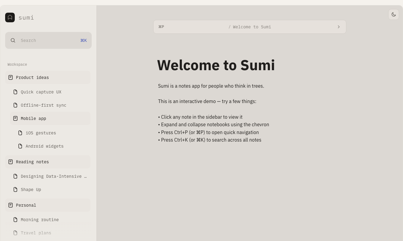 Sumi note-taking app showing a sidebar with notebooks and a note viewer